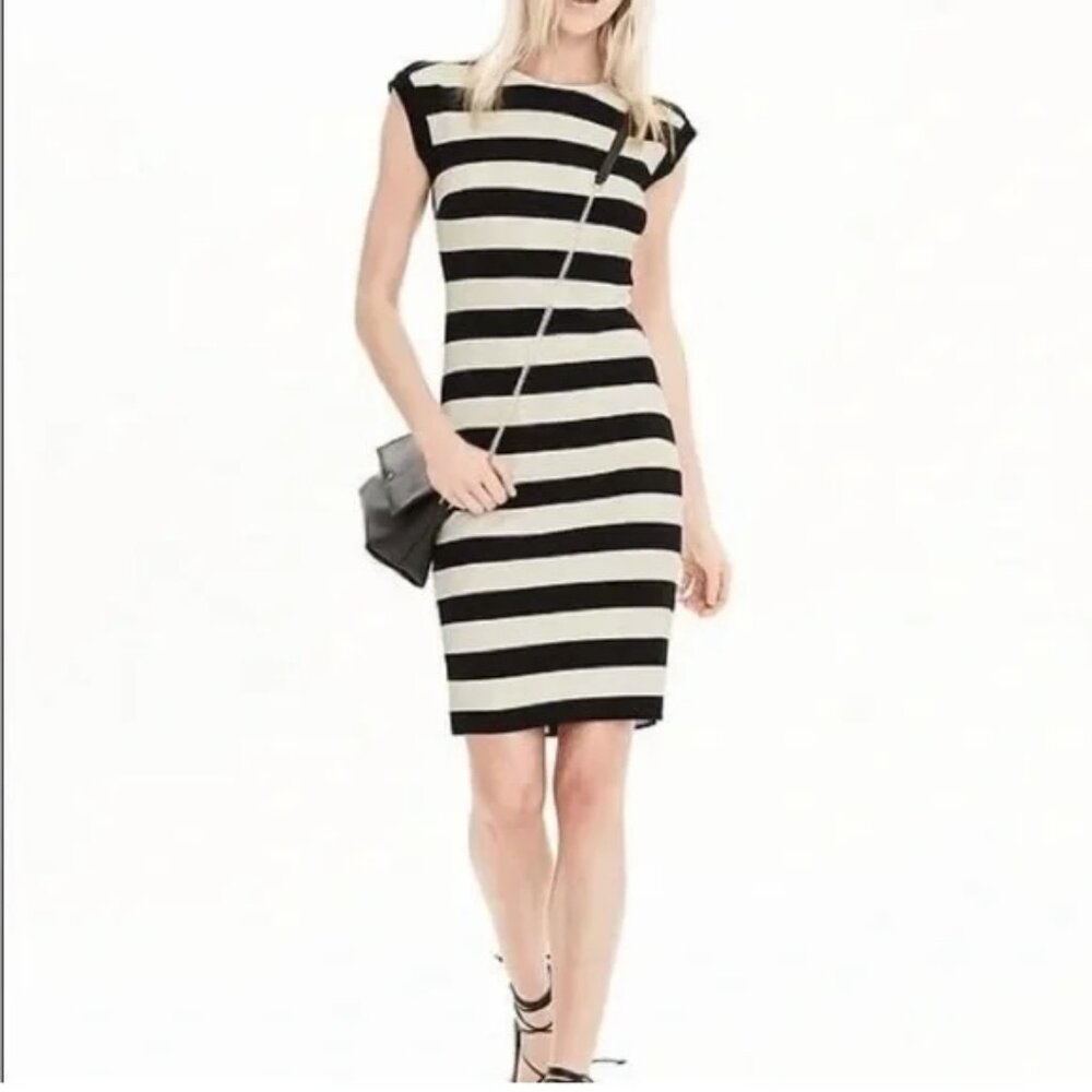 Banana Republic Rugby Stripe Ponte Sheath Dress Black White Stripes Sz 4